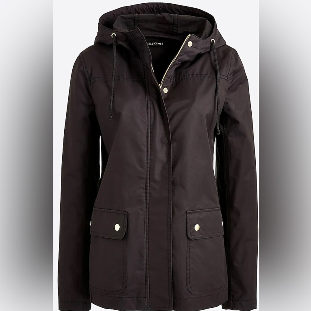 J.CREW Mercantile Water Resistant Solid Black Hooded Rain Jacket - Size Large